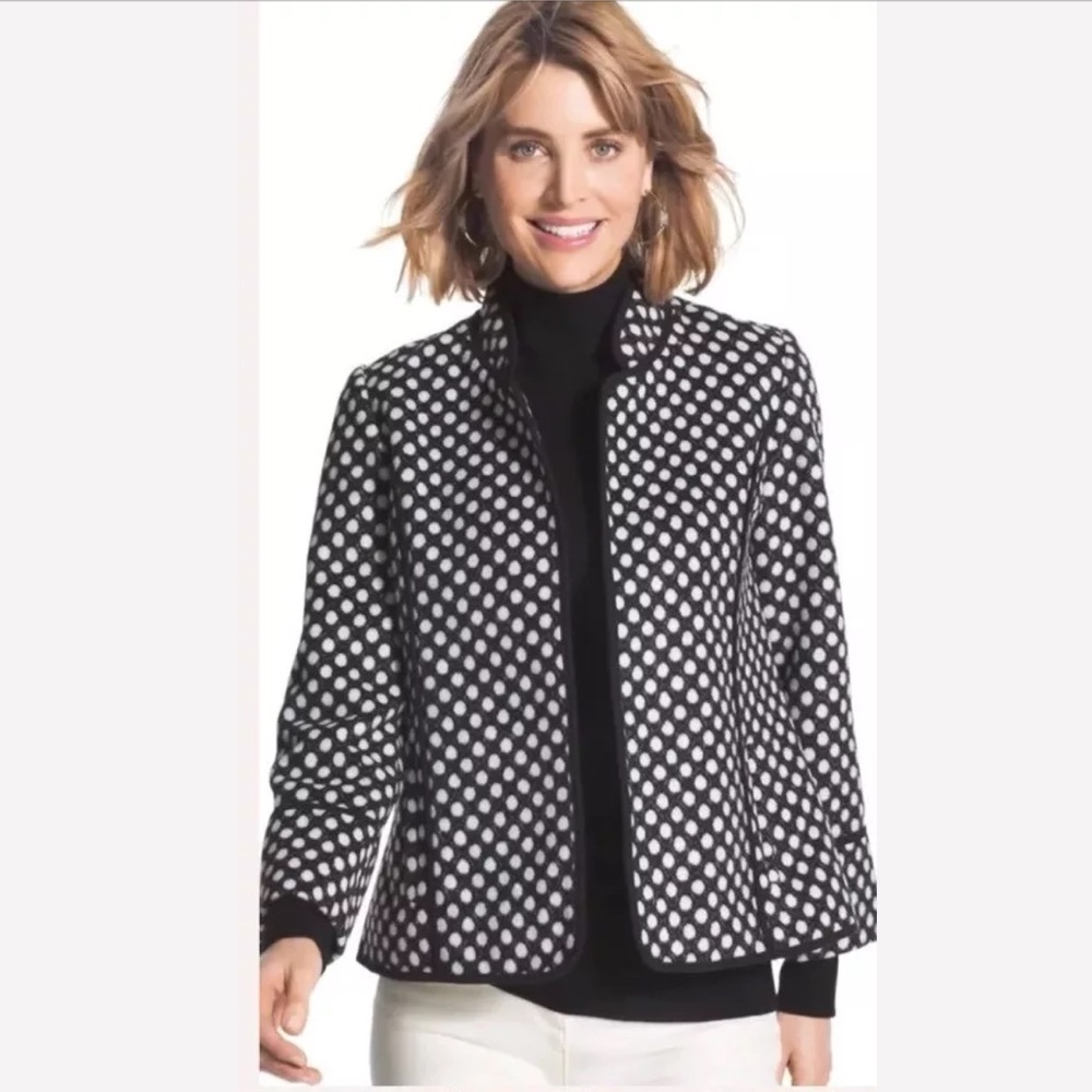 CHICO’S Polka Dot Plush Jacket Coat Black White Open Front Pockets Classic Soft